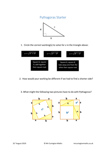 Pythagoras' Theorem Starter