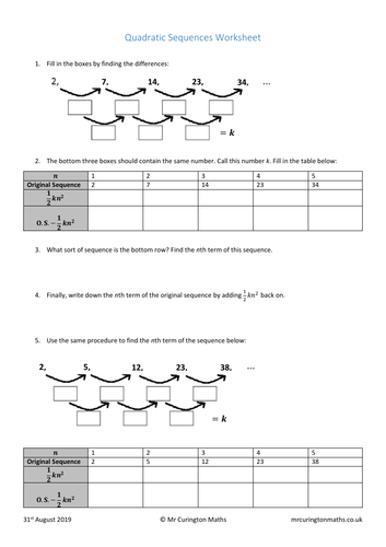 Quadratic Sequences Worksheet