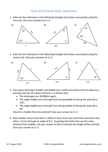 Sine and Cosine Rule Worksheet