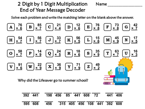 2 Digit by 1 Digit Multiplication Game: End of Year Math Message Decoder