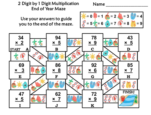  2 Digit By 1 Digit Multiplication End Of Year Maze Teaching Resources