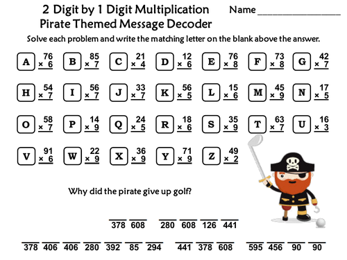 2 Digit by 1 Digit Multiplication Game: Pirate Themed Math Message Decoder
