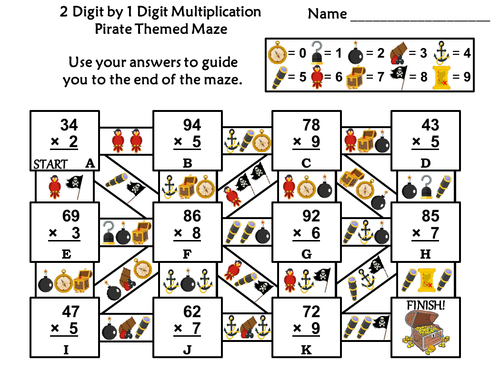 2 Digit by 1 Digit Multiplication Game: Pirate Themed Math Maze