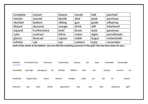 Synonym and Antonym Match-Up Grid Year 5/6 (Starter Task).