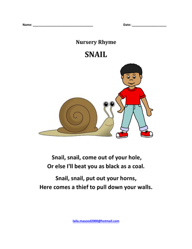 Nursery Rhyme: 'Snail' with Colouring page.