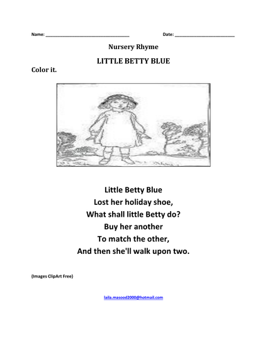 Nursery Rhyme: 'Little Betty Blue' with Colouring page