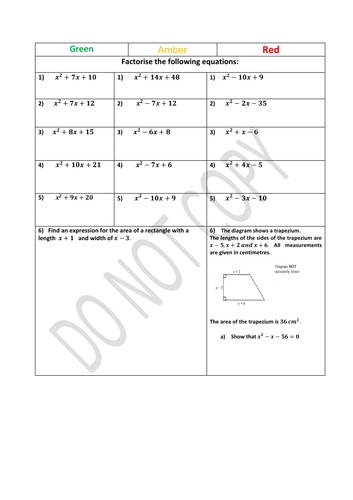 Factorising quadratics differentiated worksheet with solutions (Grade 5)