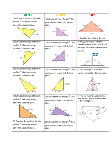 Trigonometry (SOHCAHTOA) differentiated worksheet with solutions to solve for sides and angles