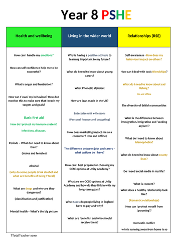 PSHE 2020 - year 8 lessons overview (implementation part of curriculum)