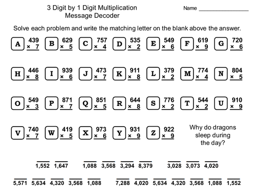 3 Digit by 1 Digit Multiplication Game: Math Message Decoder