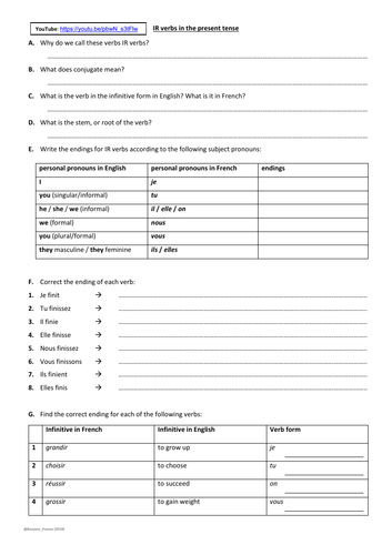 KS3/KS4 French Regular IR Verbs (+ video)