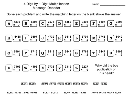 4 Digit by 1 Digit Multiplication Game: Math Message Decoder