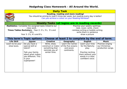 All Around the World Homework Grid