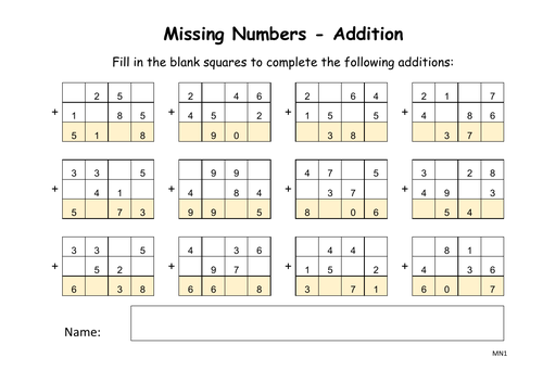 COLUMN ADDITIONS - FIND  MISSING NUMBERS