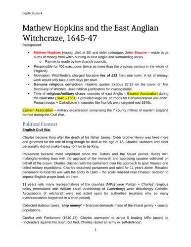 A-level Edexcel History: Witchcraft Depth Study 4 Mathew Hopkins and East Anglia