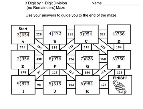 3 digit by 1 digit division no remainders activity math maze teaching resources