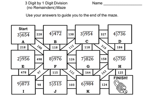 3 Digit by 1 Digit Division No Remainders Activity: Math Maze