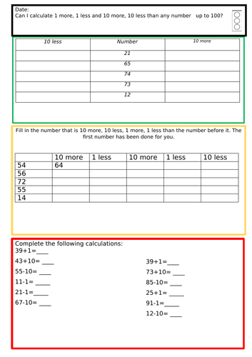 Can I calculate 1 more, 1 less and 10 more, 10 less than any number   up to 100?