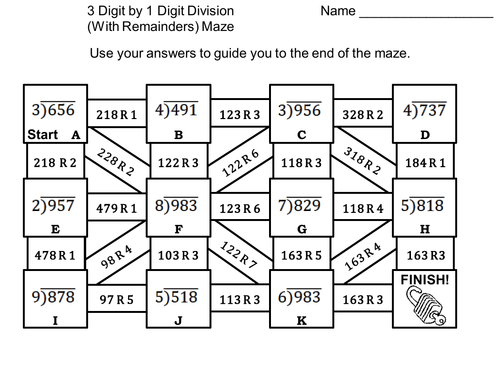 3 Digit by 1 Digit Division With Remainders Maze