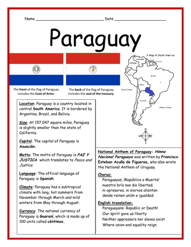 PARAGUAY - Fact Sheet and Cloze Activity