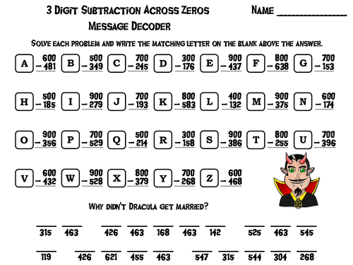 3 Digit Subtraction Across Zeros Game: Halloween Math Message Decoder
