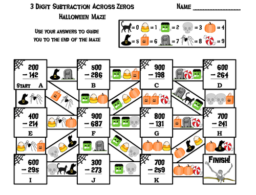 3 Digit Subtraction Across Zeros Game: Halloween Math Maze