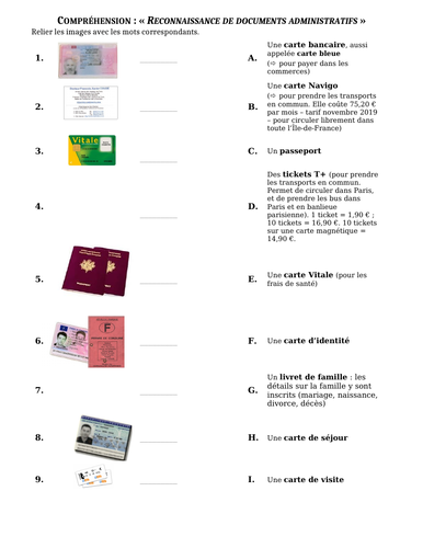 French worksheet - "Documents administratifs français" (French administrative documents)