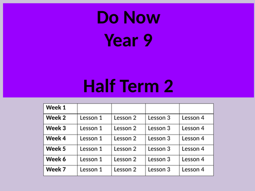 Do Now Tasks Year 9 Support Half term 2