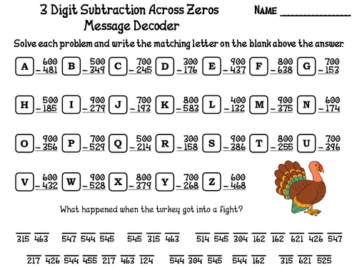 3 Digit Subtraction Across Zeros Game: Thanksgiving Math Message Decoder