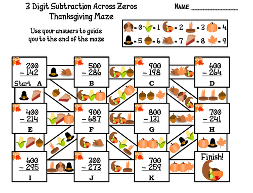 3 Digit Subtraction Across Zeros Game: Thanksgiving Math Maze