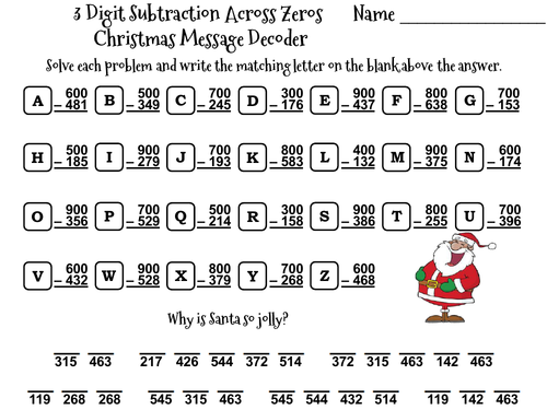 3 Digit Subtraction Across Zeros Game: Christmas Math Message Decoder