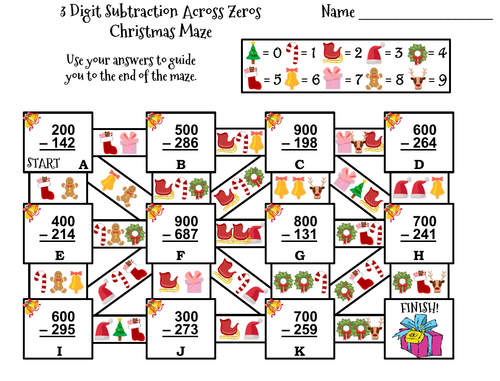 3 Digit Subtraction Across Zeros Game: Christmas Math Maze