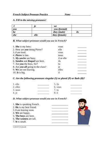 French Subject Pronouns Review Worksheet Les Pronoms Sujet Teaching Resources