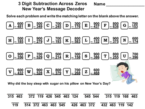 3 Digit Subtraction Across Zeros Game: New Year's Math Message Decoder