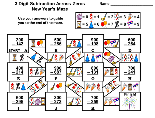 3 Digit Subtraction Across Zeros Game: New Year's Math Maze