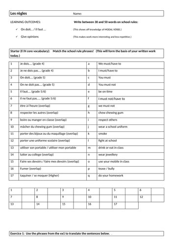 GCSE School rules preparing to write sheet