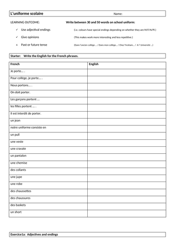 School uniform: Preparing to write and knowledge organiser on uniform
