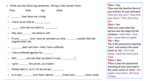 Shakespearean language Starter activity - Thou, thee, thine and thy Activity