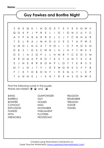 Guy Fawkes and Bonfire Night Word Search