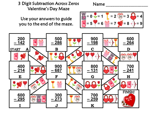 3 Digit Subtraction Across Zeros Game: Valentine's Day Math Maze