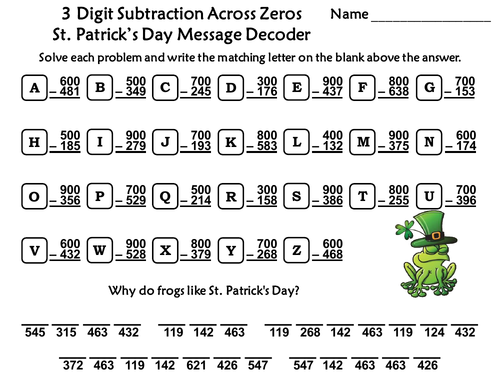 3 Digit Subtraction Across Zeros Game: St. Patrick's Day Math Message Decoder