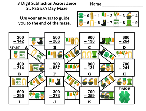 3 Digit Subtraction Across Zeros Game: St. Patrick's Day Math Maze