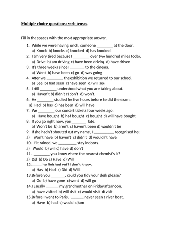 Verb tenses worksheet for Year 8 & Year 9  with full answer sheet and grammatical explanations