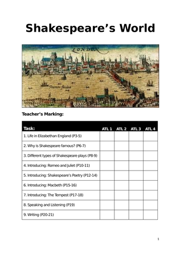 English Shakespeare's World homework pack 21 pages