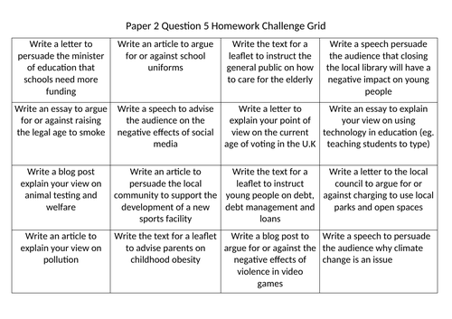 AQA Language Paper 2 Question 5 Challenge Grid | Teaching ...