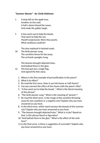 "Summer Shower" Emily Dickinson Poetry Reading CRR Comprehension Cover HW