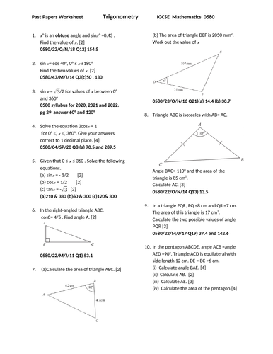 trigonometry worksheet with answers from igcse mathematics 0580 past