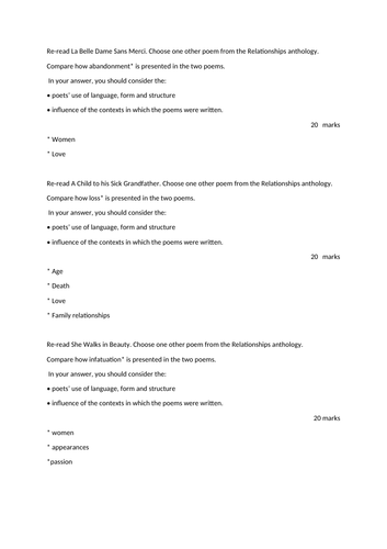 Edexcel Language GCSE 9-1 Relationship Poetry Questions