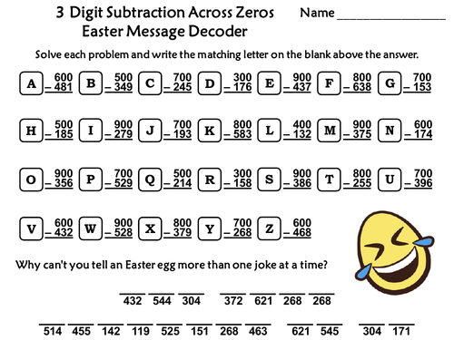 3 Digit Subtraction Across Zeros Game: Easter Math Message Decoder