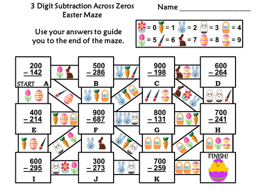 3 Digit Subtraction Across Zeros Game: Easter Math Maze